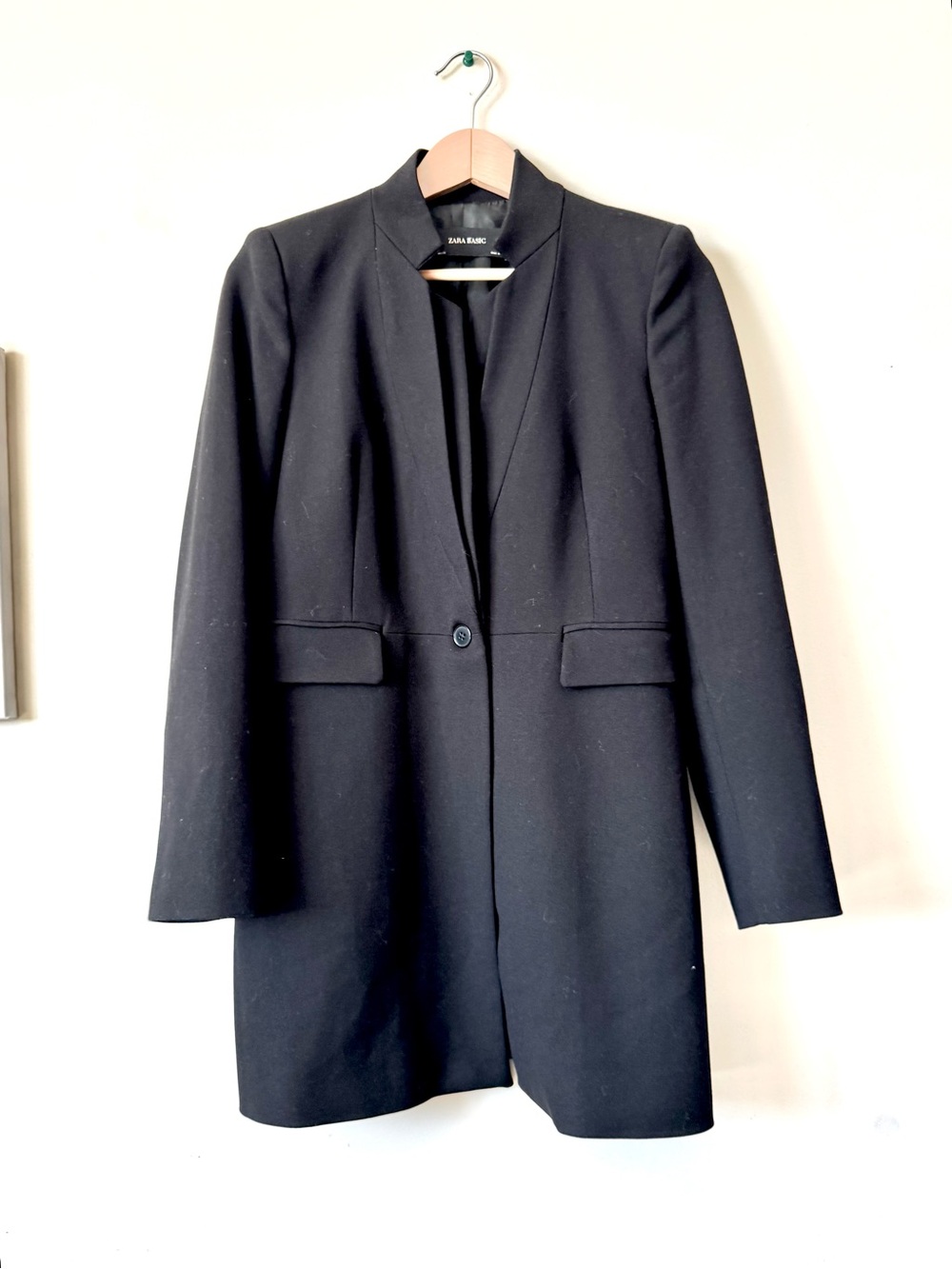 Zara Basic Sz M Black Inverted Lapel Frock Longline Collarless Blazer Coat.